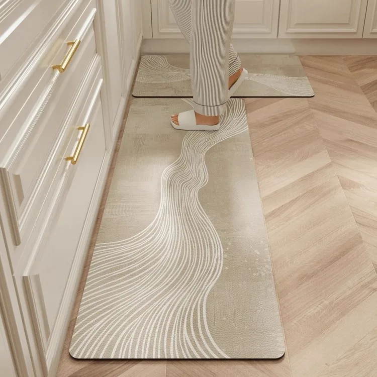Teppich für die Küche, wasserdichte Bodenmatte, beige Teppiche, PVC-Leder, rutschfest, ölbeständig, lange Fußmatten, Heimdekoration, Teppich, Balkon Image