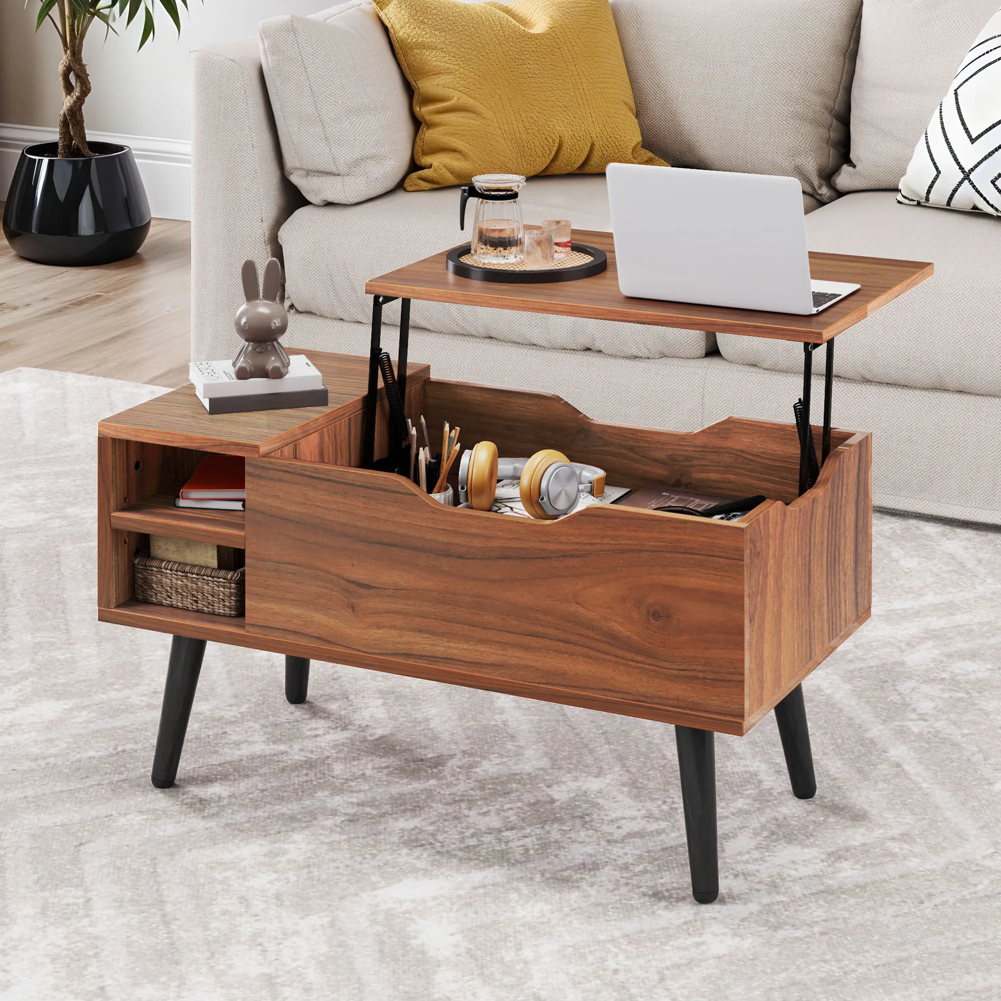 YITAHOME Rustikaler Eichen-Couchtisch mit Hubplatte – verstellbares Regal und versteckter Stauraum, Federheber, 80 x 40 x 61,5 cm für Wohnzimmer