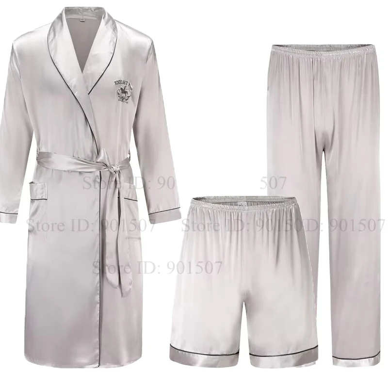 Frühling Herbst Männliche Robe 3PCS Nachtwäsche Set Eis Seide Kimono Bademantel Kleid Loungewear Lose Beiläufige Satin Homewear Nachtwäsche 3XL Image