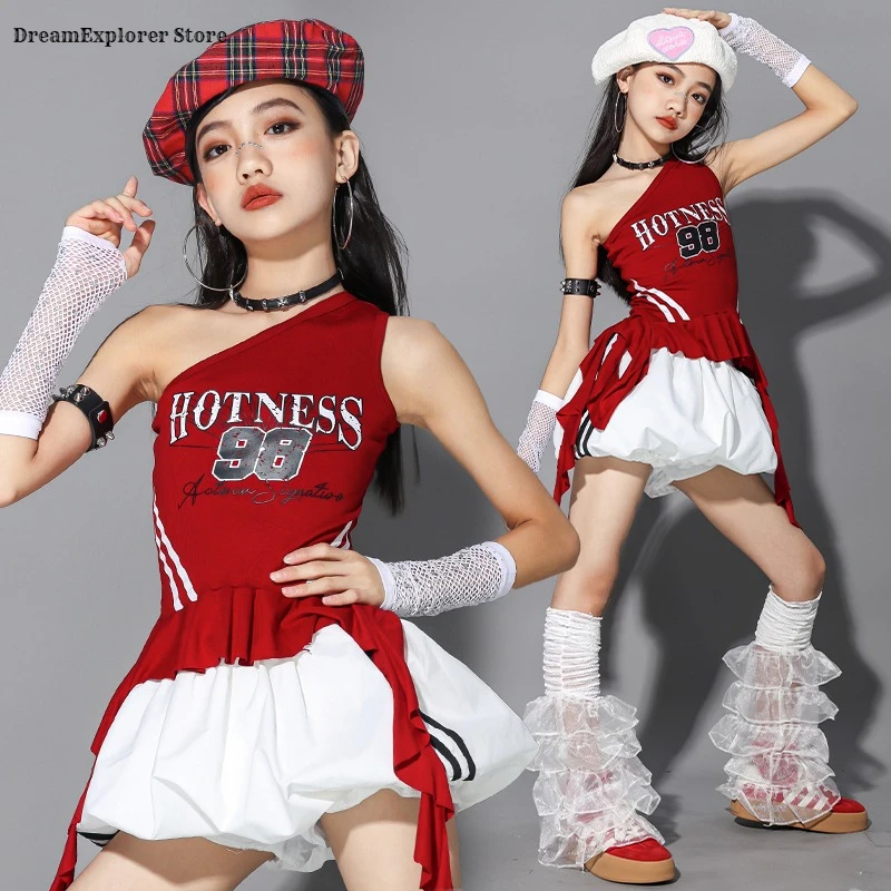 Hip Hop Mädchen One-Shoulder Crop Top ‌ Ballonrock Cargohose Kinder Streetwear Mädchen Gruppenkostüme Kinder K-Pop Kleidungssets