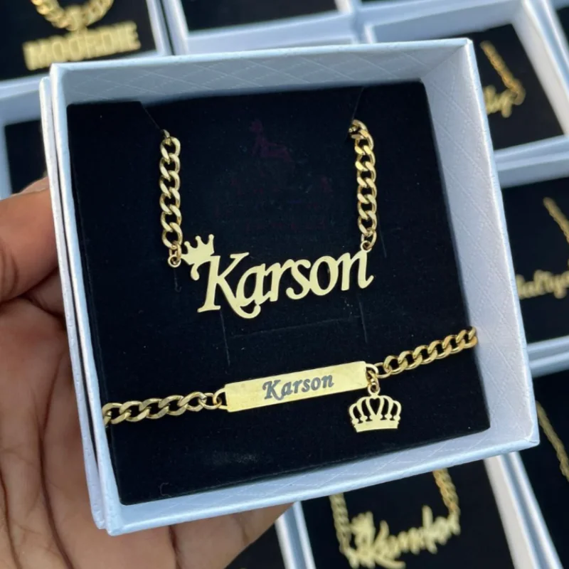 Benutzer definierte Krone Name Halskette Armband Frauen Männer Schmuck Set Edelstahl Gold Farbe Herz Charme Junge Mädchen Zubehör besten Geschenke Image