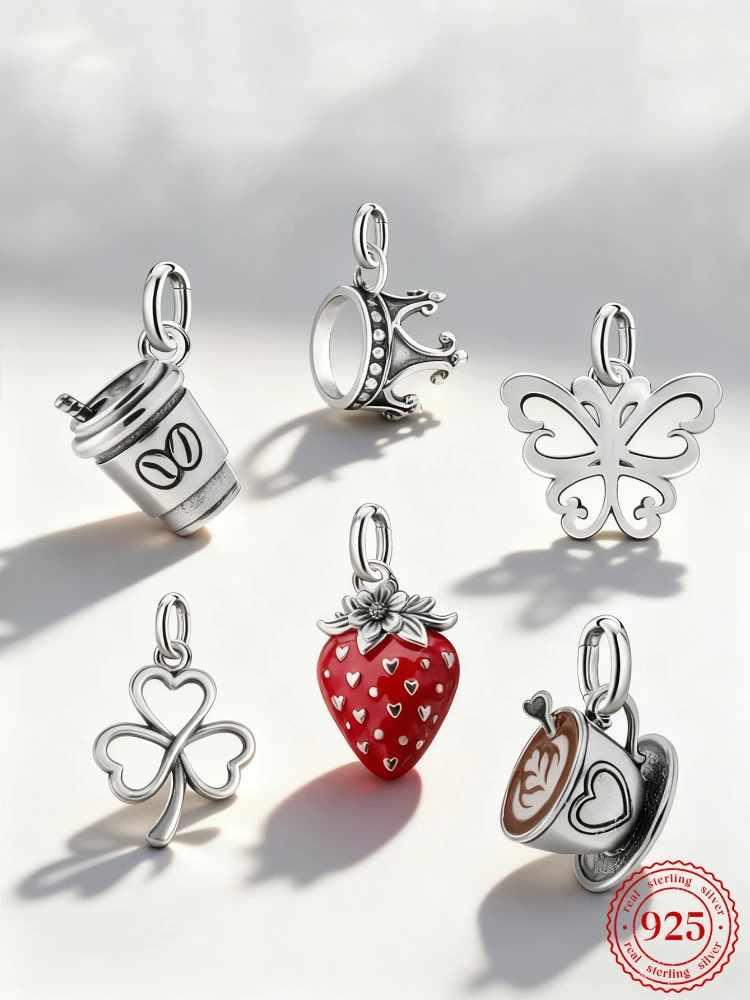 Verstellbare 925 Sterling Silber Vintage Anhänger Kaffee-Schmetterling Charms Perlen Passend für Original Armband Armreif Halskette DIY Schmuck