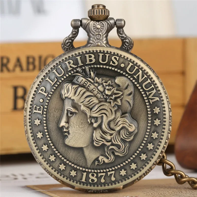 Antike Uhr Die Vereinigten Staaten von Amerika 1877 Morgan Half Dollar Münzen Cover Anhänger Halskette Quarz Analog Taschenuhr Geschenk