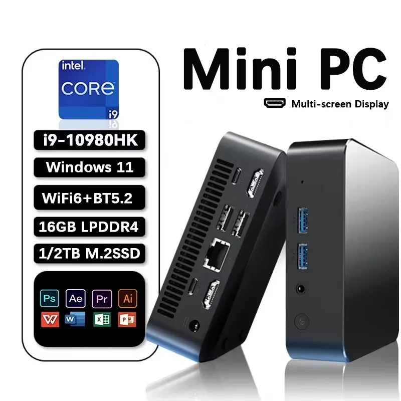 Intel Core i9 10980HK Mini-PC Windows 11 16GB RAM 1TB SSD WiFi 6 BT5.2 4K HD Tragbarer Mini-Computer für Gaming, Büro und Studium Image