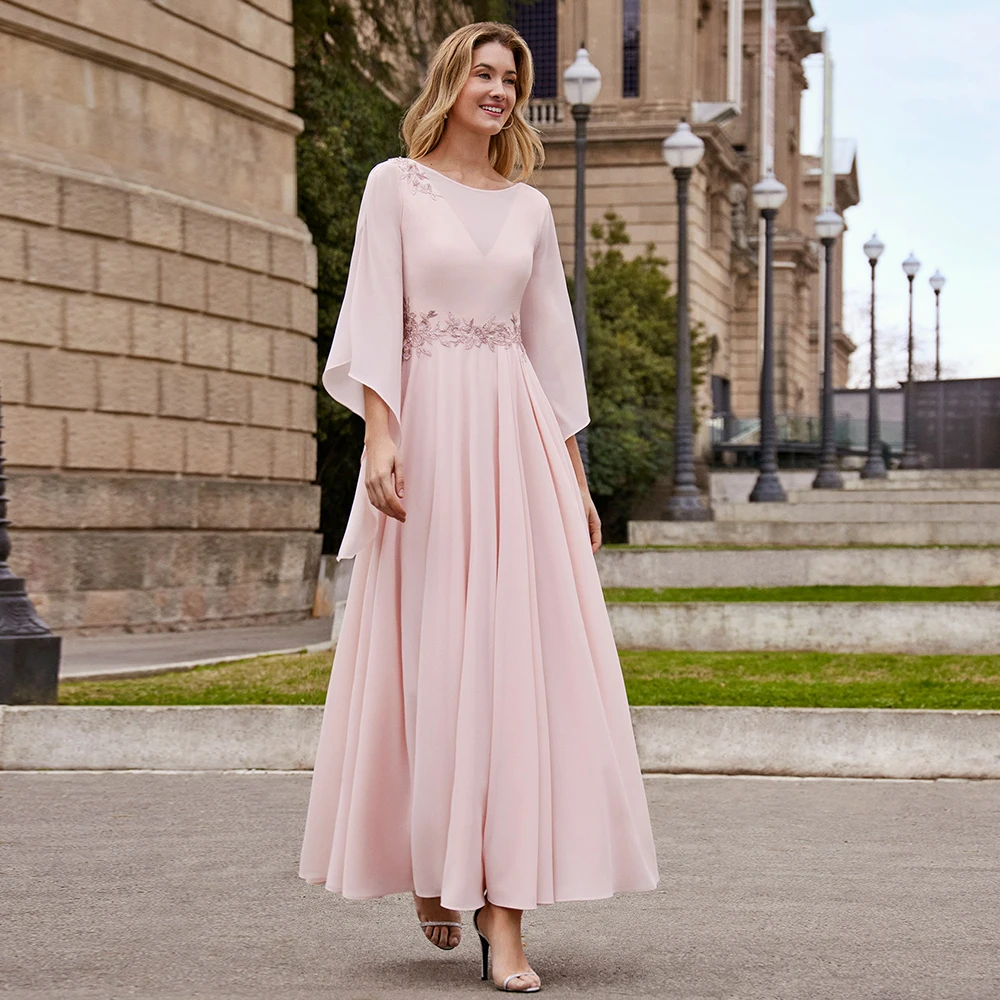 Elegante Mutter der Braut Kleider für Hochzeiten Rosa Scoop Perlen Applique 3/4 Ärmeln Knöchel Länge EINE Linie Hochzeit Gast kleid