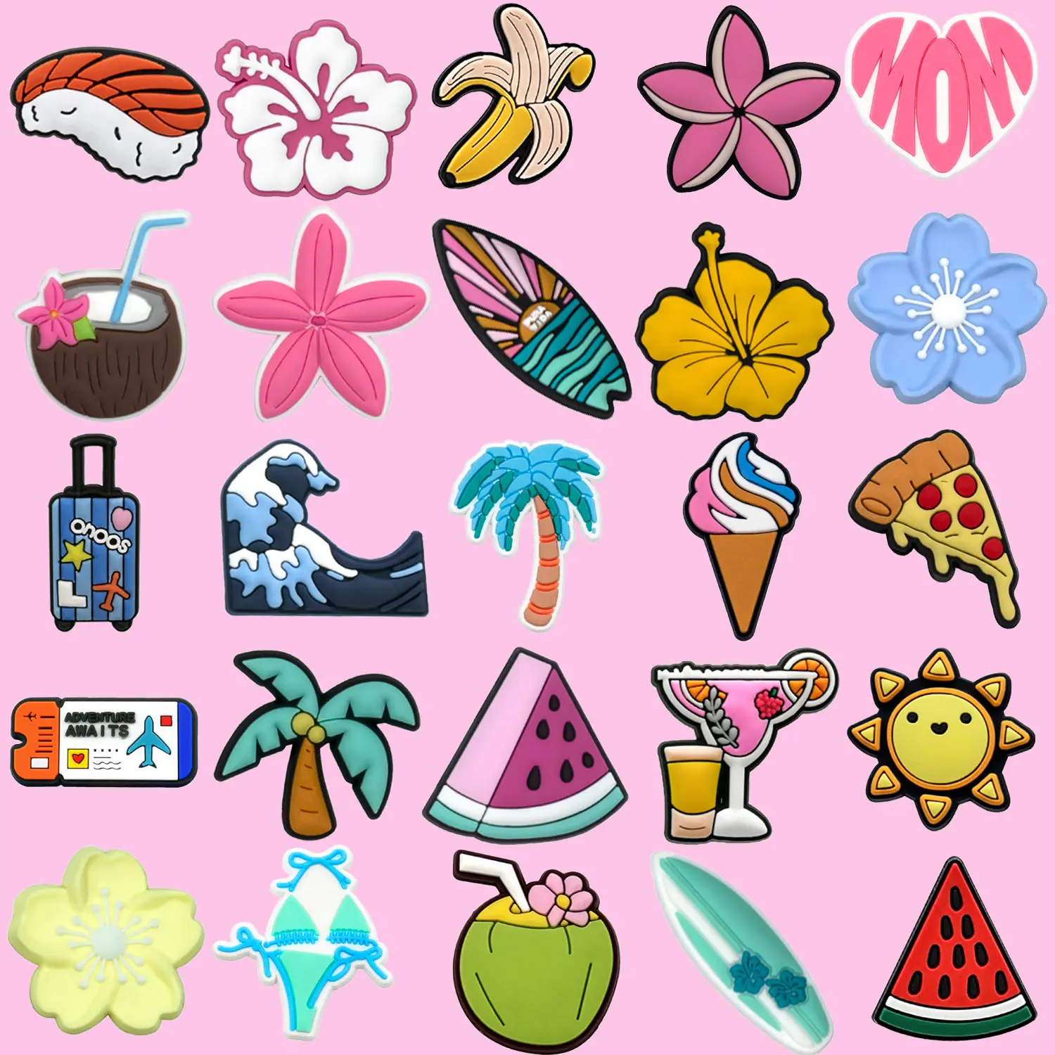 1/25 Stück rosa Blume Herz Wassermelone Schuh Charms Flugzeug Ticket Gepäck Schuh Dekoration Pins für Frauen Pizza Banane Clog Jeans