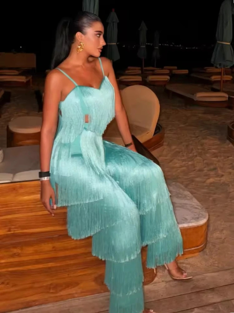 Eleganter Quasten-Slip-Top-Hosenanzug für Damen, grün, V-Ausschnitt, Weste, hohe Taille, lange Partyhose, Damenmode 2026, Abendanzug für Damen