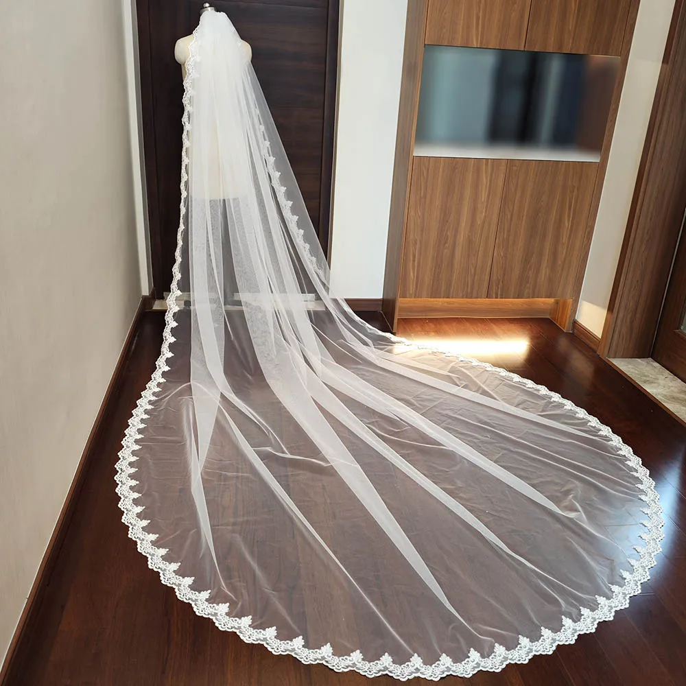 Maßgeschneiderter langer Hochzeitsschleier mit Spitzenkante, 3 m/4 m/5 m, einlagig, weiß/elfenbeinfarbener Brautschleier, Hochzeitszubehör, Velo de Novia