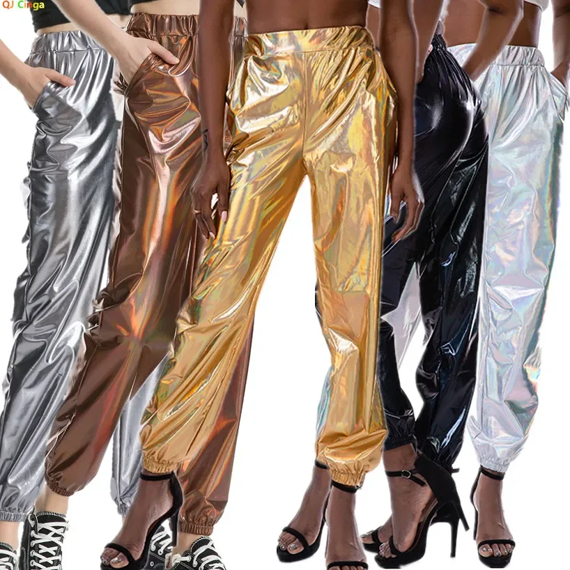 Damen Shiny Glittery Street Hip-Hop Party Sparkly Lange Hose, Lose Lässige Sporthose Grün Gold Silber Schwarz Optional Image