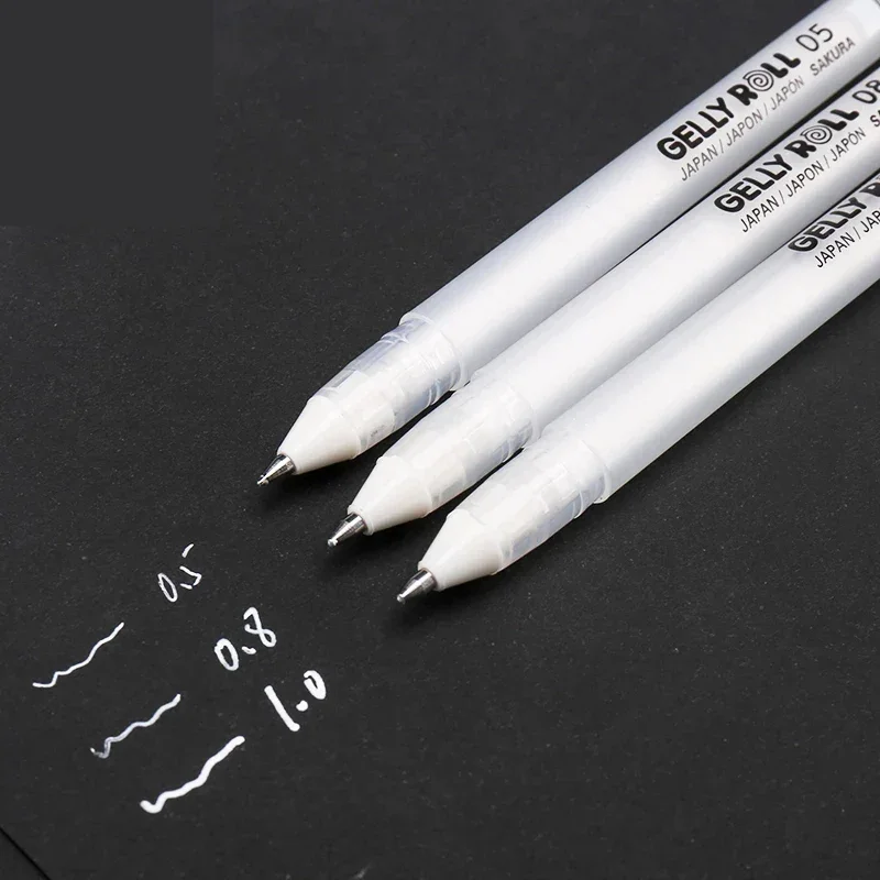 Sakura Gelly Roll Gelstift, weiße Farbe, 0,5 mm, 0,8 mm, 1,0 mm, High-Light-Markierungsstift, schwarzer Karton, Kunst-Malstift, weiße Linienstifte Image