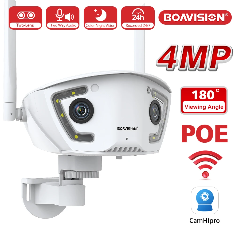 WLAN-Überwachungskamera für den Außenbereich, 4 MP, POE, Doppelobjektiv 180 ° Ultraweitwinkel-AI-Überwachungskamera mit menschlicher Erkennung Camhipro APP