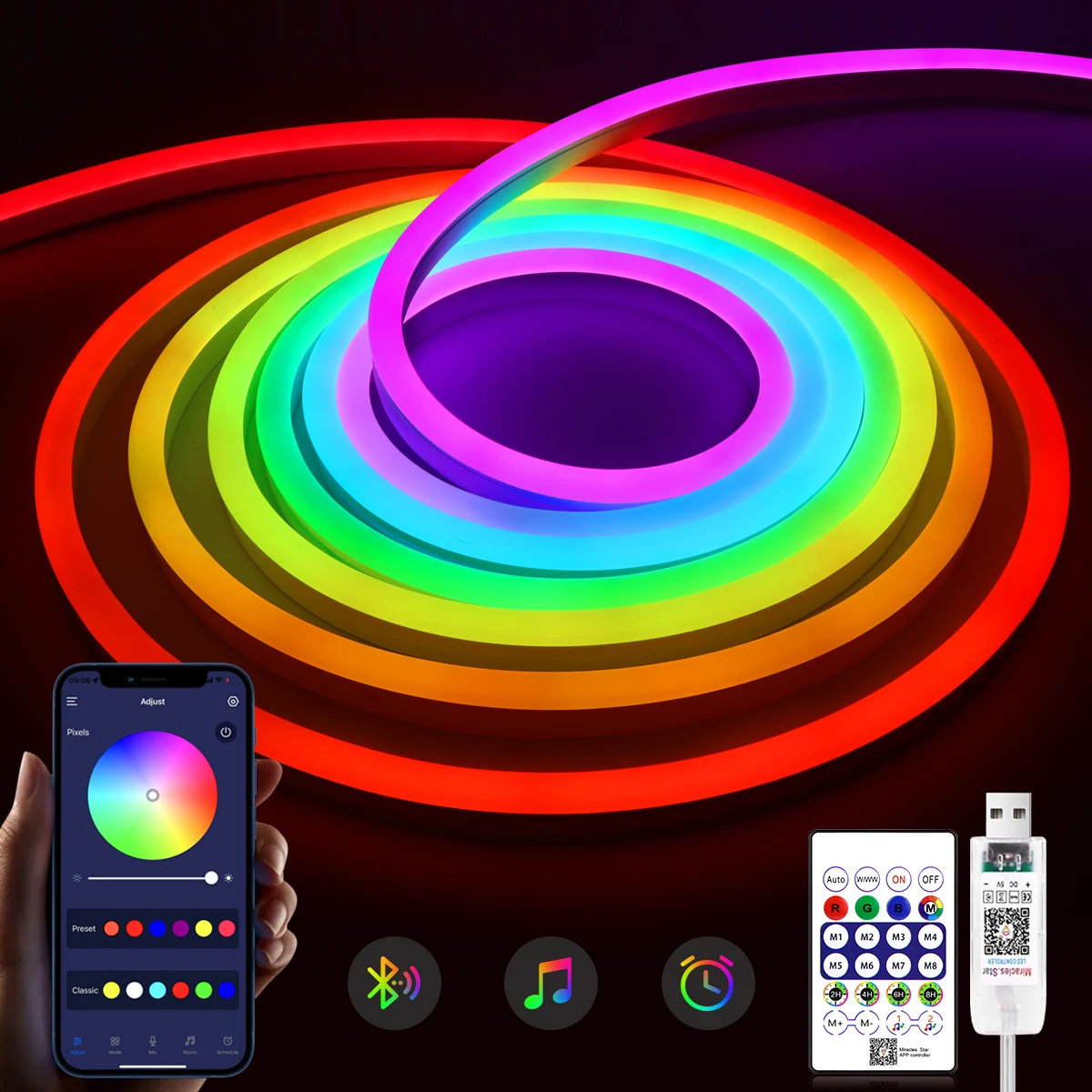 5M/16,4FT Bluetooth USB LED Licht Neon Streifen WS2812B RGBIC DC5V Lichtschlauch Neon Band Chasing Effekt Zimmer Wand Dekor Neon Zeichen