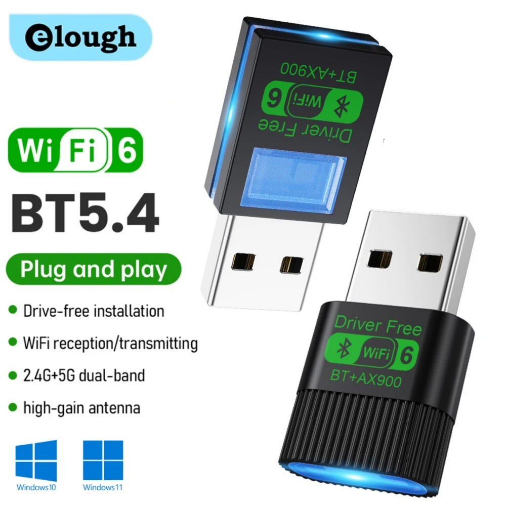 Elough WiFi 6 Dual Band Wireless-Netzwerkkarte WiFi 6 Treiber Kostenloser AX900 Bluetooth 5.4 WiFi 2-IN-1 USB-WLAN-Empfänger Image