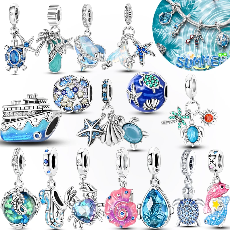 Neue Sommer 925 Sterling Silber Charms Perlen Anhänger Ozean Schildkröte Strand Obst Shell Blau Charme DIY Frauen Armband Schmuck Geschenk Image