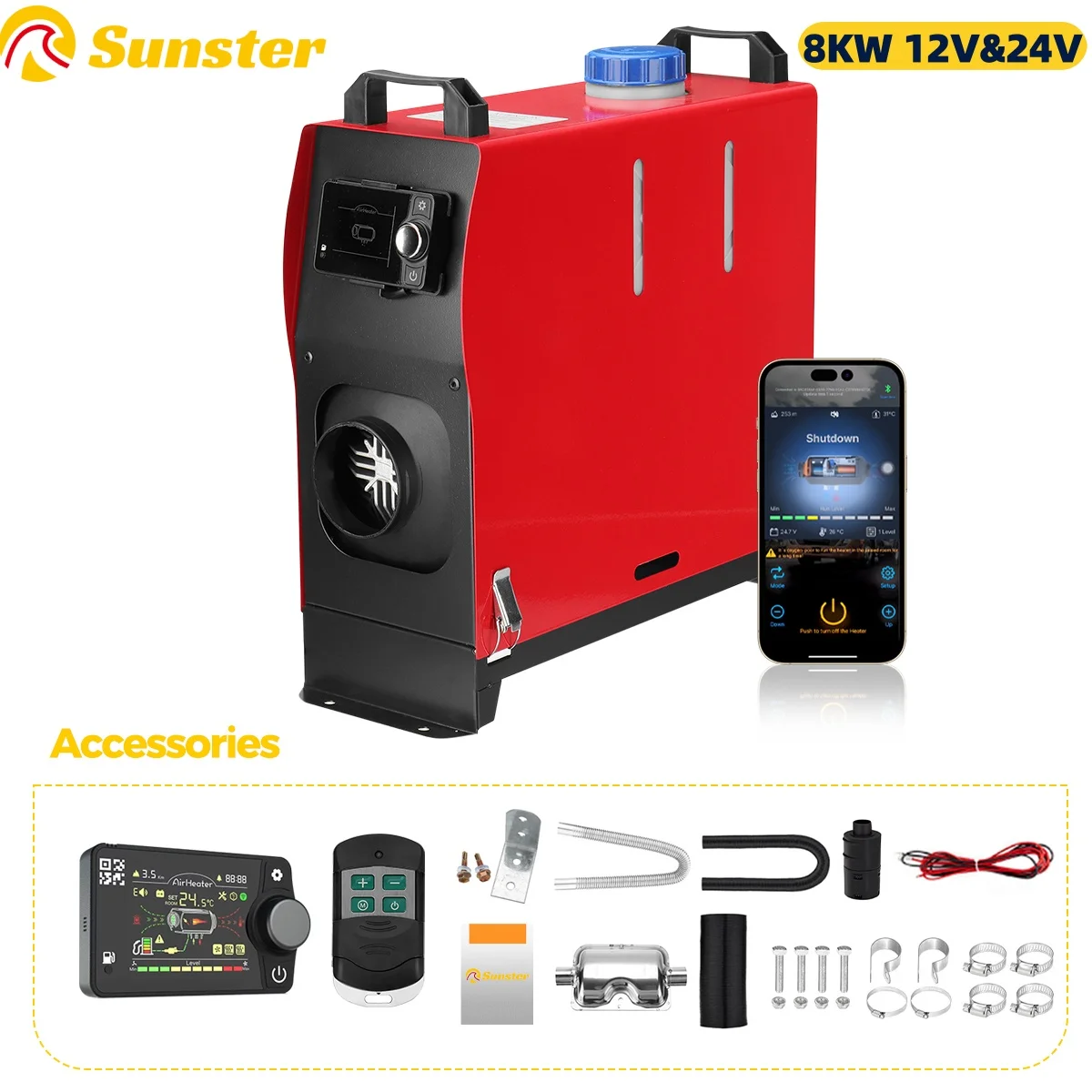 8 kW Diesel-Lufterhitzer, 12 V und 24 V, All-in-One-Standheizung mit LCD-Schalter und Ladesteuerung, Bluetooth-App für Wohnmobil, LKW, Auto, Zelt Image