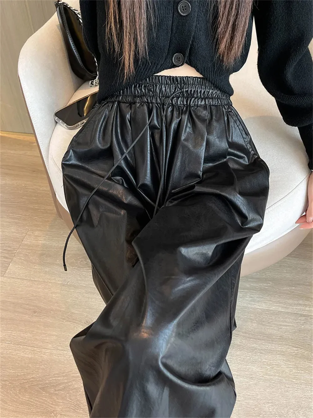Pu Leder Breite Bein Hosen Frauen Lose Koreanische Elastische Taille Kausalen Y2k Straße Desic Stil Harajuku Hosen Mode Baggy Gerade Image