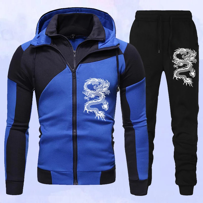 New Fashion Dragon Printed Herren Trainings anzug Set Reiß verschluss Hoodie Anzüge zweiteilig Set Jogging anzüge Sport bekleidung Image