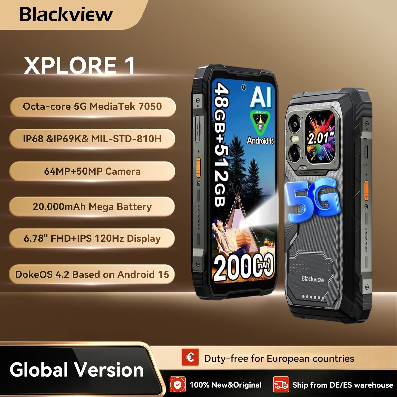 Blackview XPLORE 1 Robustes und Dreifach-Schutz-Smartphone, 5G Wasserdichtes Outdoor-Android 15, 6,78'' 2,4K Display, 256GB/512GB, 20000 Image