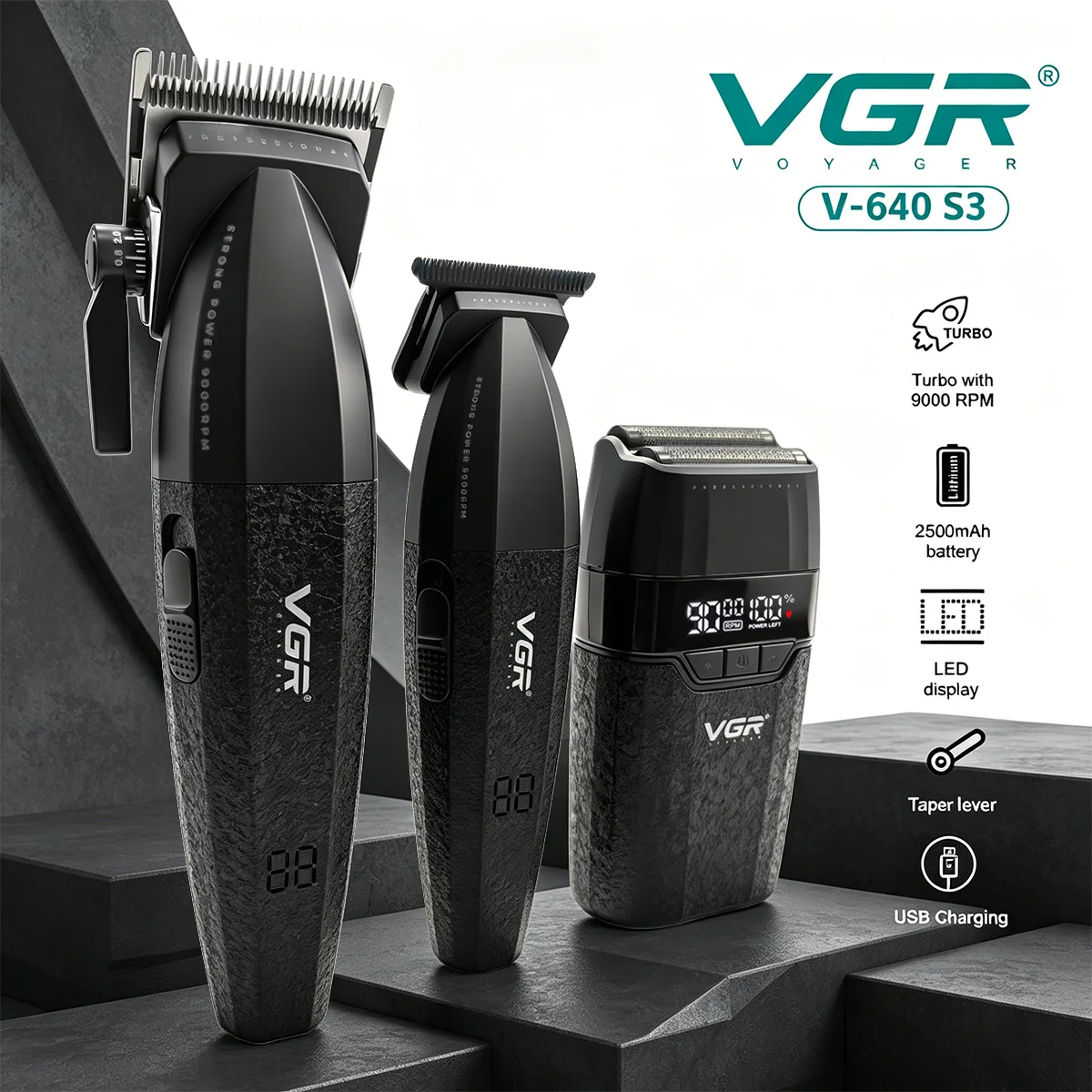 VGR haarschneidemaschine harrschneidemaschine haarschneidemaschine männer Haarschneider Professioneller Haarschneidemaschine 9000 U/min Barbierrasierer Kabellos Haarschneider LED Trimmer für Männer V-640 S3 Image