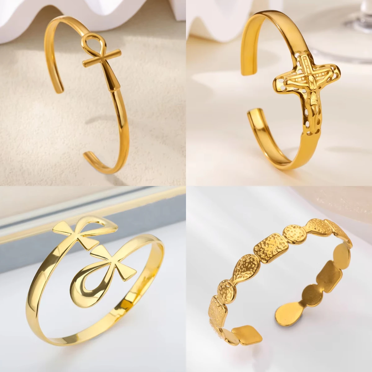 Edelstahl Ankh Kreuz Armband Für Frauen Männer Gold Farbe Kreuz Manschette Armreifen Vintage Ägyptischen Religion Schmuck Geschenke