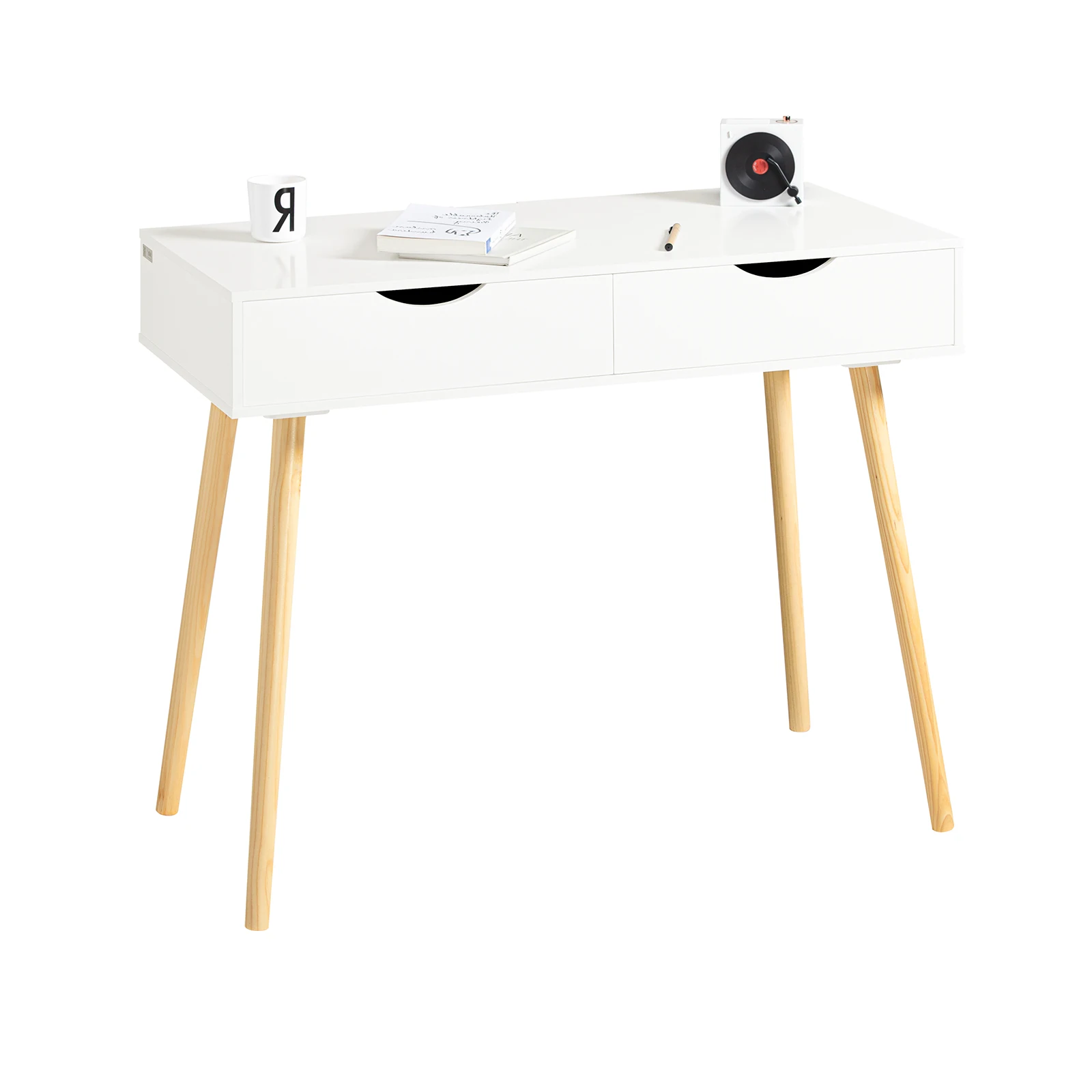 SoBuy FWT40-WN Schreibtisch Mit 2 Schubladen Computertisch Moderner Bürotisch In Weiß/Natur Stabiler Schreibtisch Mit Stauraum