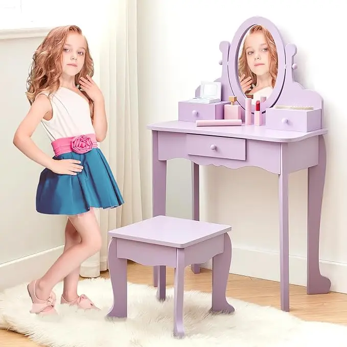 Kinder-Schminktisch-Set mit Spiegel, Schminktisch und Hocker für Mädchen, Schminktisch und Stuhl aus Holz mit Make-up-Spielset für Mädchen von 4-9 Jahren