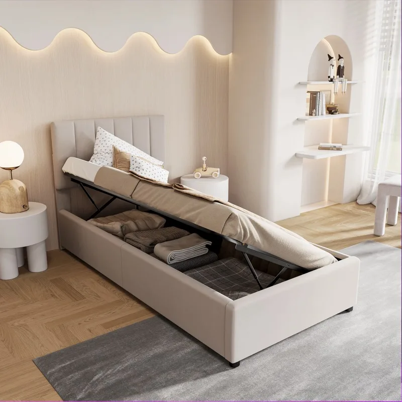 Comanlai 90 x 200 cm Federbett mit Aufbewahrungsbox, Einzelbett, gepolstertes Bett mit Lattenrost, komplettes Schlafzimmer-Set, Samt, Beige