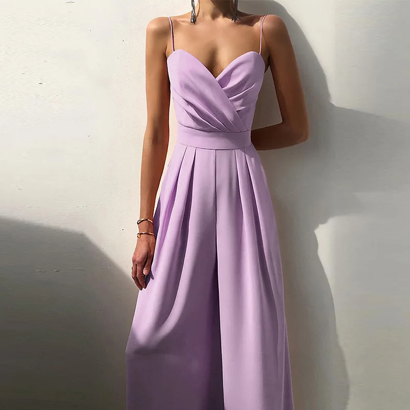 Casual Breite Bein Lange Overall Weibliche 2025, Einfarbig Drapierte Schlank Overall Frauen Elegante Hohe Taille Strap Solide Einem Stück Strampler Image