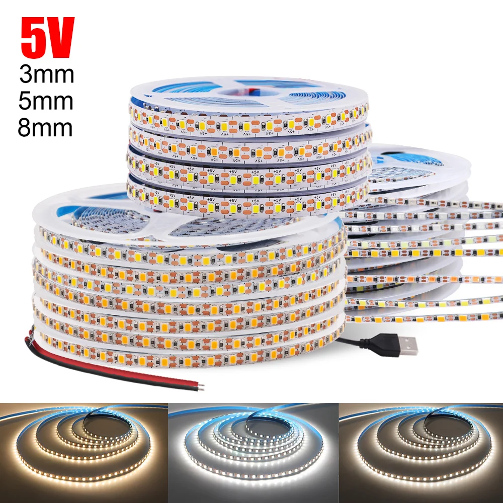 5 V, 3 mm, 5 mm PCB-LED-Streifen, 1 LED-Schnitt, ultradünn, 2835, 120 LEDs/m, 8 mm flexibles Band, DC IP21, nicht wasserdicht, warm, natürliches Weiß Image