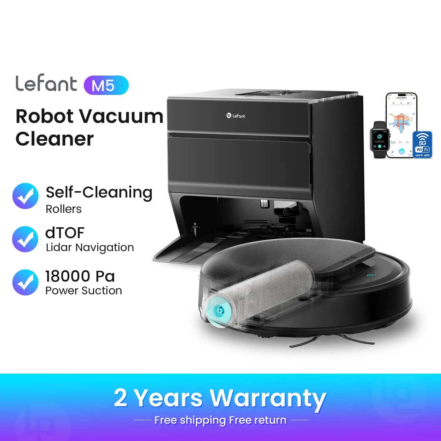 Lefant M5 Roller Komplett-Roboterstaubsauger mit Wischfunktion, 18000Pa, Selbstreinigende Rollen, Automatische Entleerung, dTOF Lidar-Navigation Image