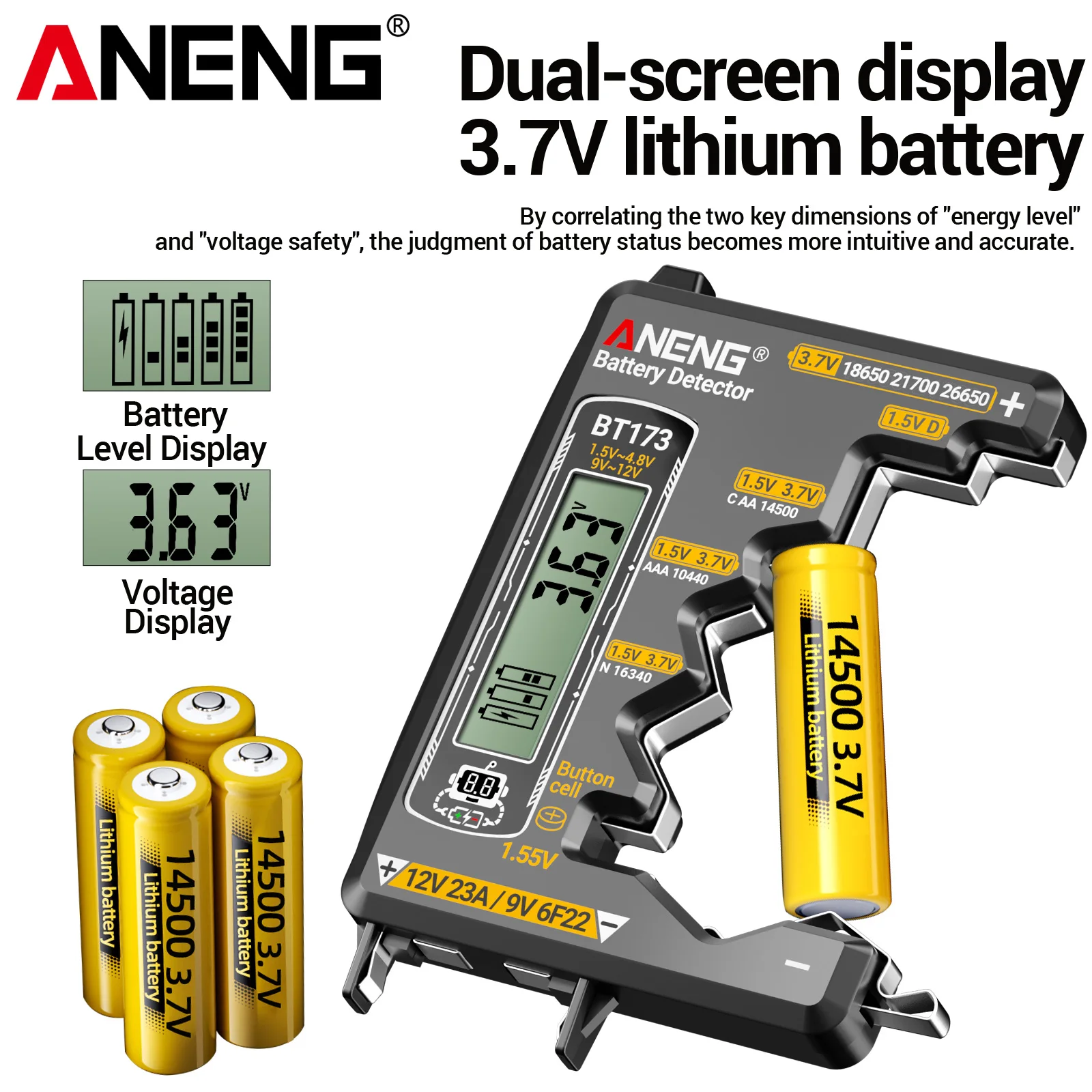 ANENG BT173 Universeller Digitaler Batterietester Kompatibel mit 18650/AA/AAA/9V/12V/Knopfbatterien Heimisches Batteriestands-Anzeigewerkzeug Image