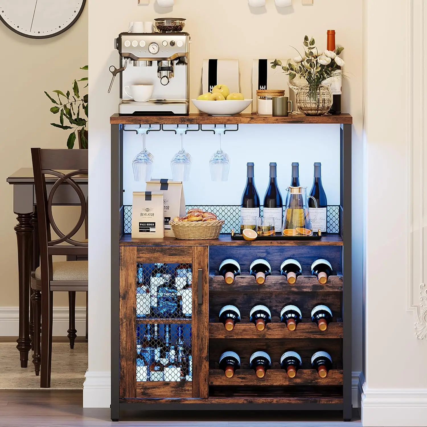 Rustikaler Weinbarschrank mit LED-Leuchten, abnehmbarer Weinschrank mit zusätzlicher Stauraum, industrielles Sideboard und Buffet