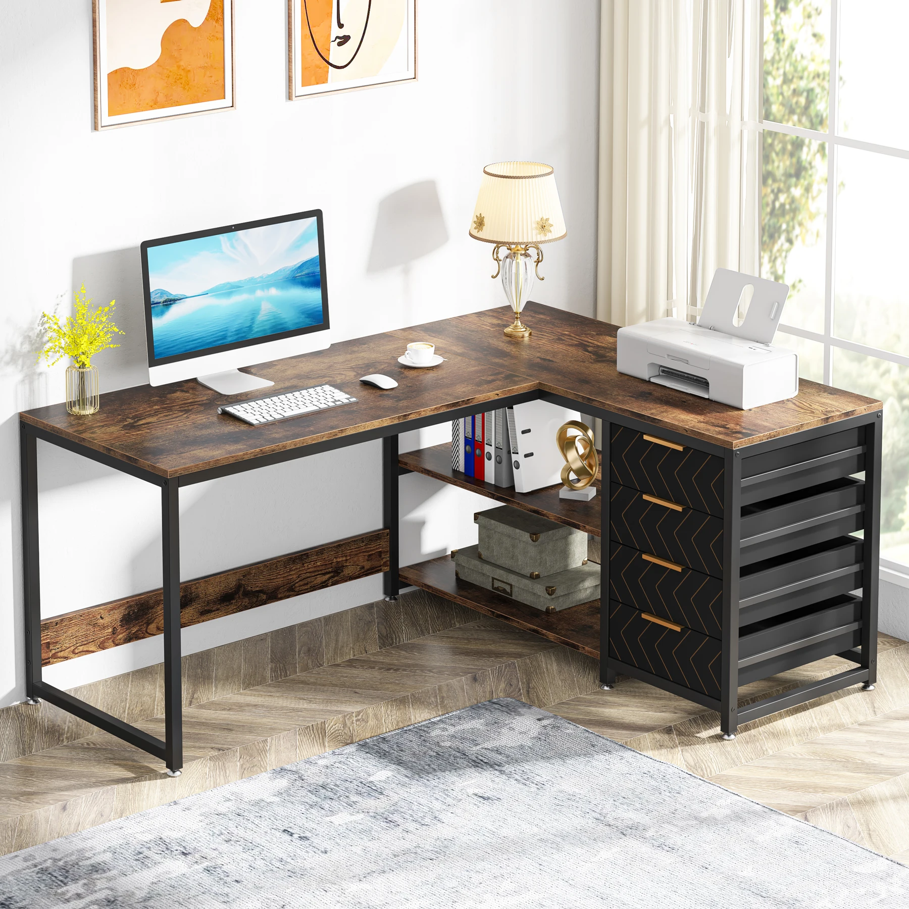 Tribe signs l-förmiger Computer tisch mit Schubladen, 59-Zoll-Eckschreibtisch mit Regalen, reversibler L-förmiger Schreibtisch