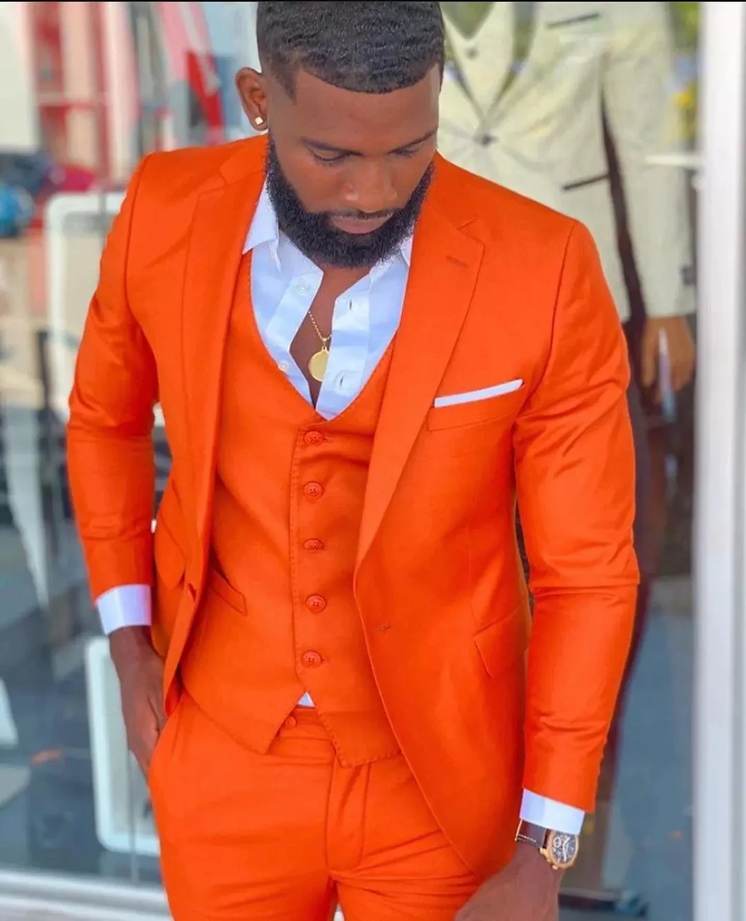 Hellorange Kerbe Revers Männer Anzug Kostüm Homme Hochzeits kleid Smoking Terno masculino Slim Fit Bräutigam Abschluss ball Party Blazer 3 Stück Image