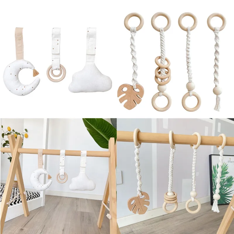 1Set Holz Baby Spielen Turnhalle Rahmen Anhänger Baumwolle Gewinde Neugeborenen Fitness Rack Hängen Spielzeug Kinderwagen Aktivität Rassel Baby Zimmer decor Image