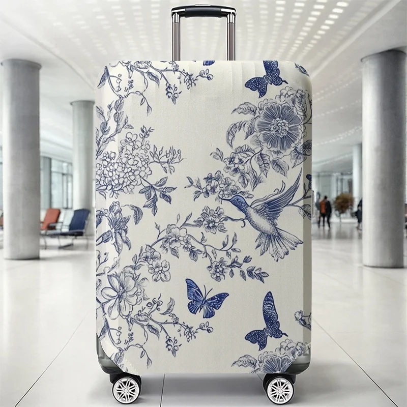 Blau-weißer Gepäckschutzbezug mit Kolibri-Blumenmuster, geeignet für 18-32 Zoll große Gepäckabdeckungen, Gepäckgriffhandschuh