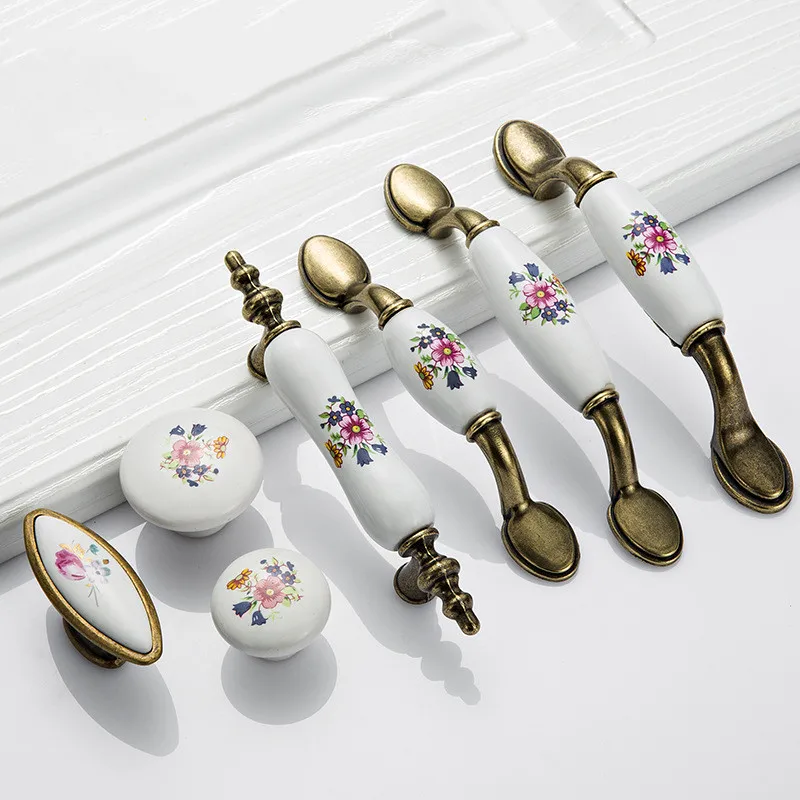 Antike Bronze-Keramik-Schrankgriffe, Zinklegierung-Schubladenknöpfe, Kleiderschrank-Türgriffe, Morning Glory Europäische Möbelgriffe Image