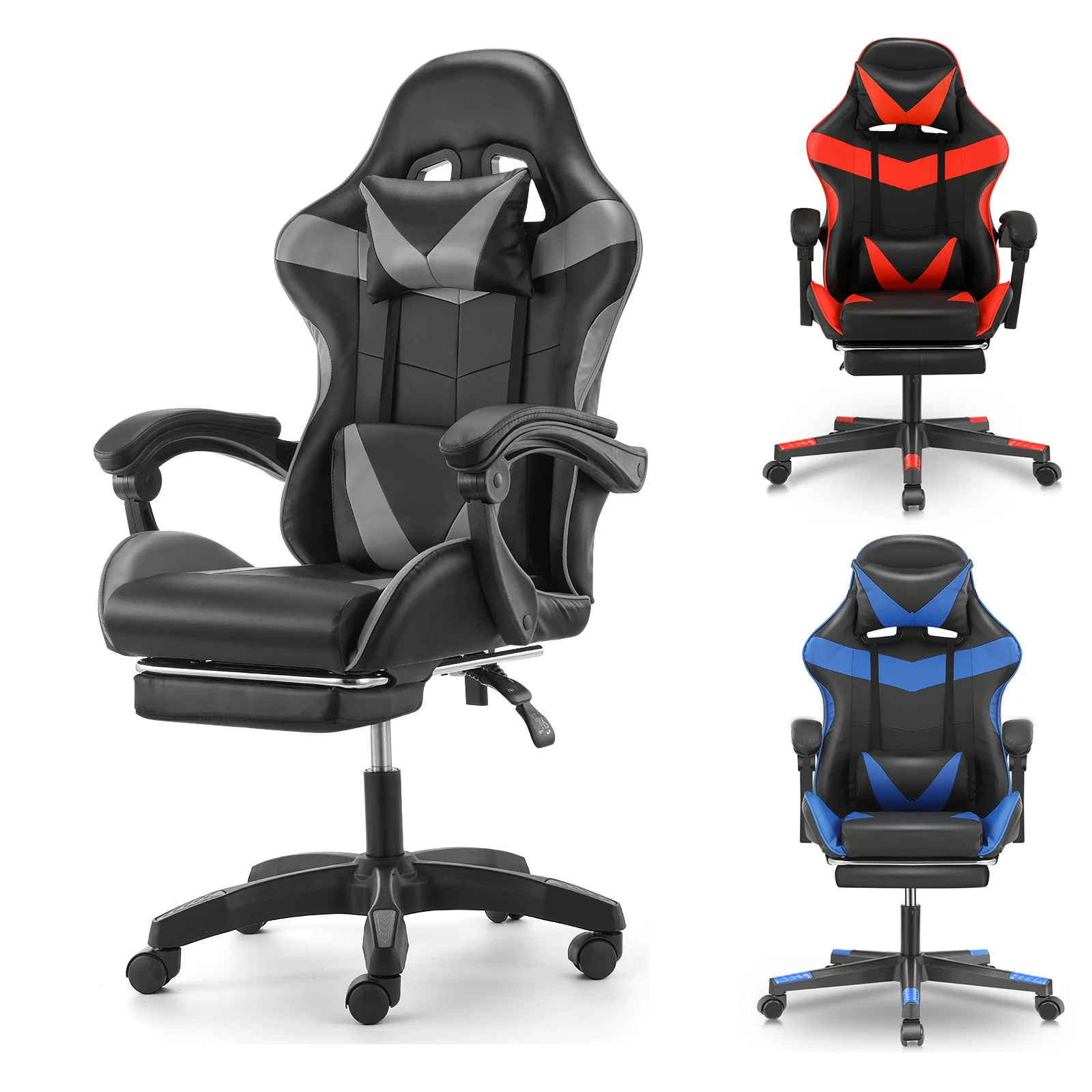 Ergonomischer Gaming Stuhl Racing Chef Sessel, Höhenverstellbar Bürostuhl Computerstuhl mit Armlehnen Kopfstützen, bis zu 150KG Image