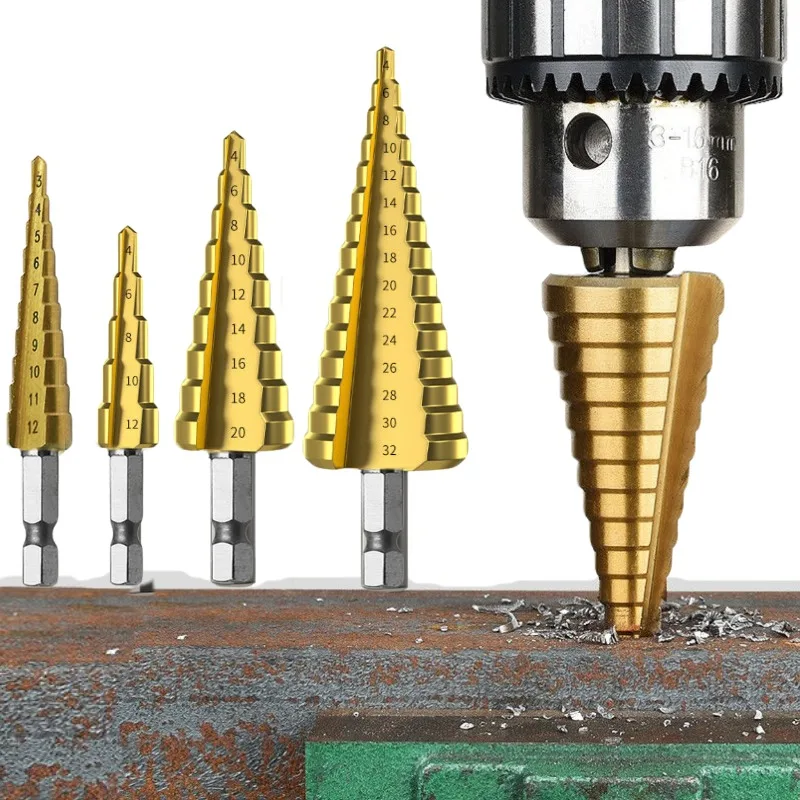 3–12 mm 4–12 mm 4–20 mm 4–32 mm Stufenbohrer-Set mit gerader Nut, Titanbeschichtetes Holz, Metall, Lochschneider, Kernbohrer-Set Image