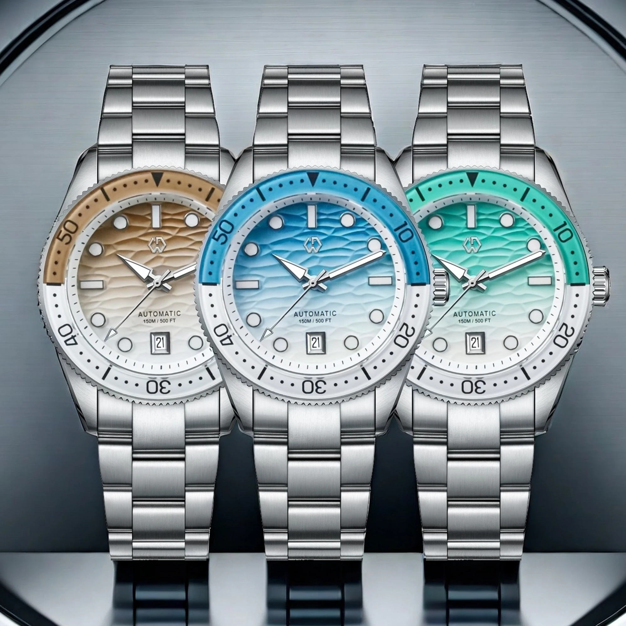 WISHDOIT Automatische Herren-Taucheruhr mit ozeanblauem und weißem Wellenzifferblatt, 8215-Uhrwerk, Saphirglasspiegel Image