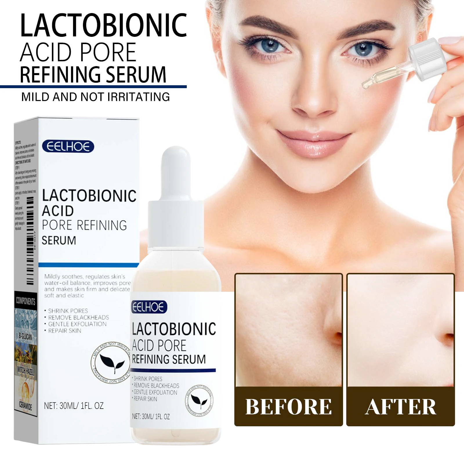 Lactobionsäure Gesicht Serum Poren Schrumpfen Hyaluronsäure Feuchtigkeitsspendende Pflegende Straffende Erhellen Schönheit Koreanische Kosmetik