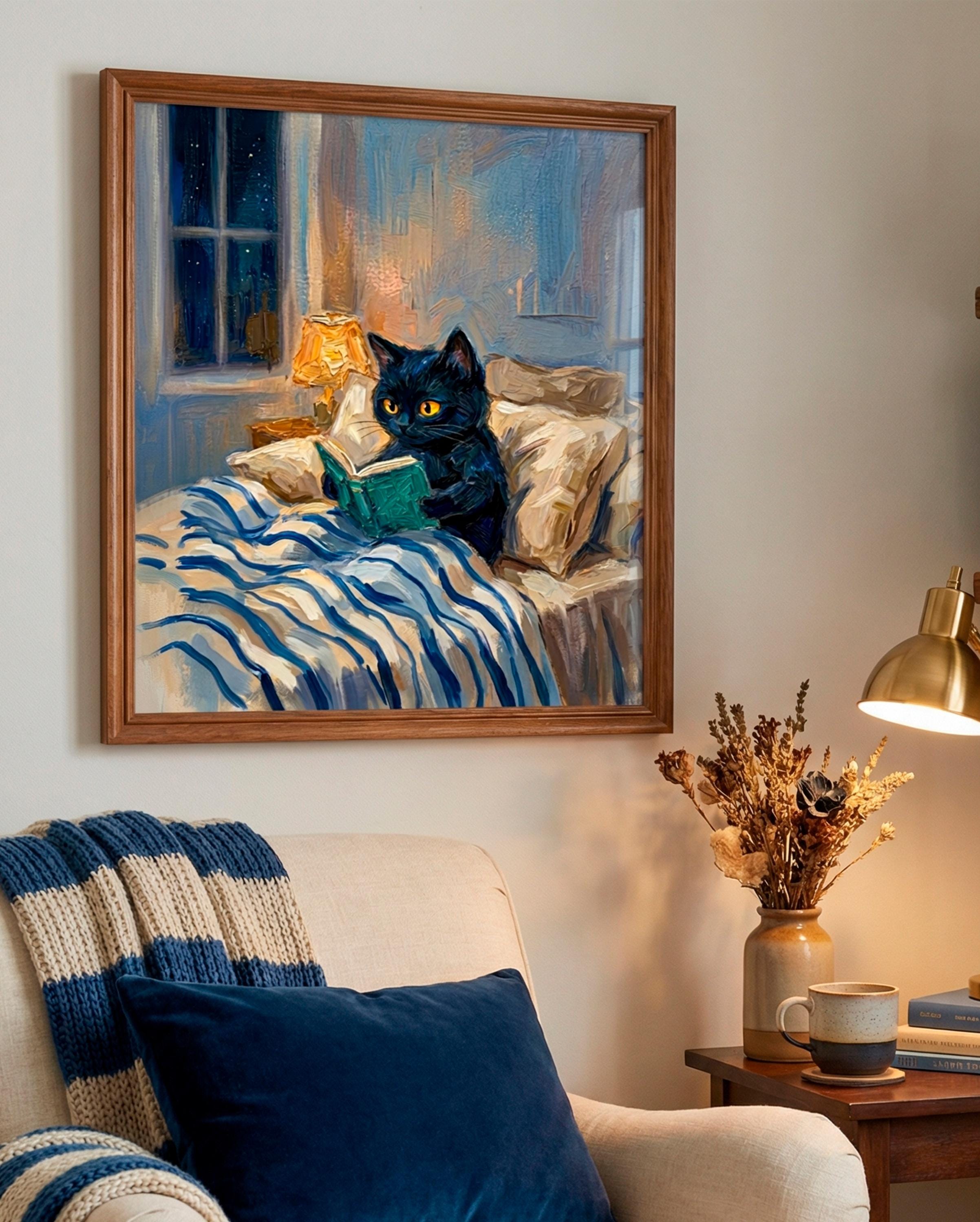Quadro con gatto nero che legge un libro, stampa per camera da letto accogliente, poster con gatto notturno, arte ad acquerello con gatto, arredamento