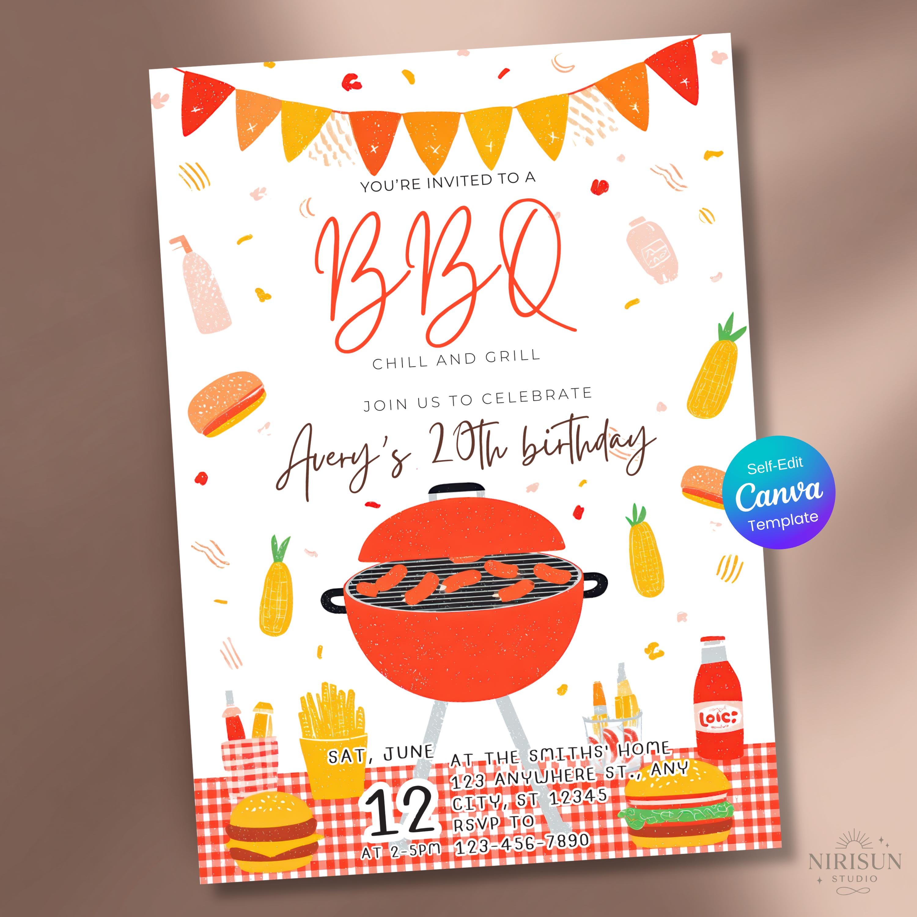 Invito di compleanno con barbecue, invito modificabile per grigliate, invito per grigliate estive, invito per grigliate in giardino, festa con barbecu