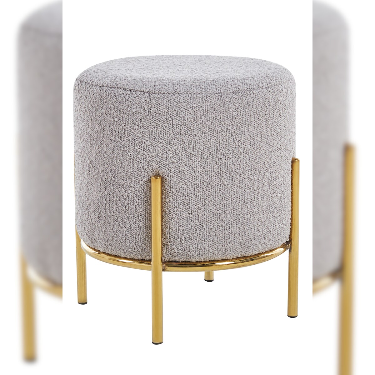 SalesFever Polsterhocker rund Ø35 cm | Bezug Bouclé Stoff | Design-Gestell aus Metall | B 35 x T 35 x H 38 cm | taupe – goldfarben Image