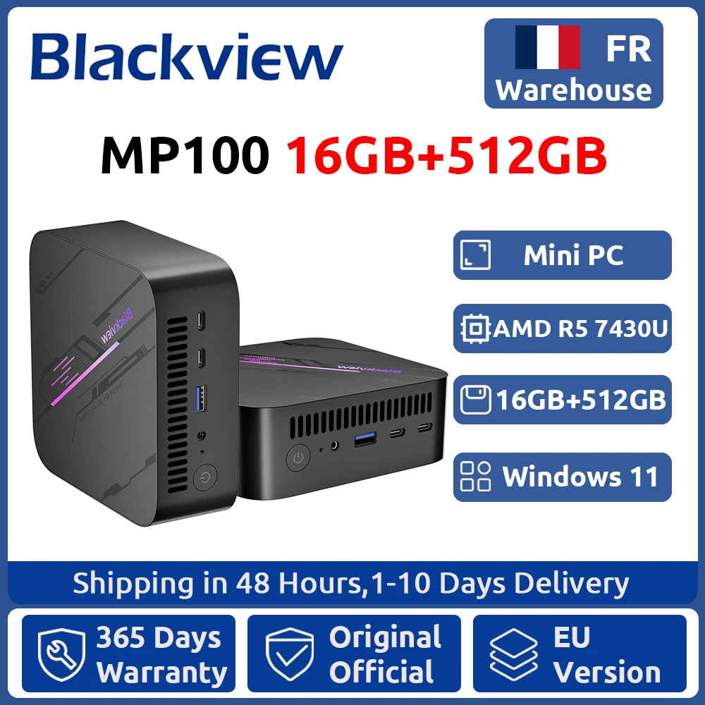 Blackview MP100 NEUER Mini-PC AMD Ryzen 5 7430U Windows 11 6-Kern 12-Thread 16GB DDR4 512GB SSD WiFi 6 Mini-Computer PC BT5.2 Image