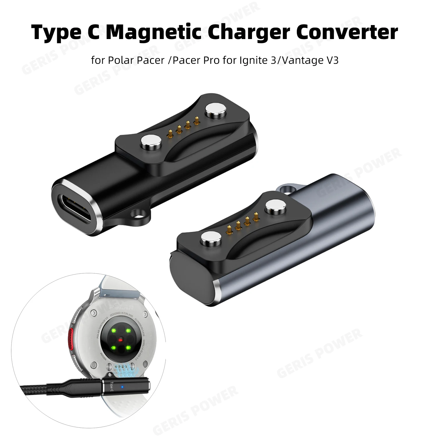 Magnetischer USB-C-Ladeadapter-Anschluss, Uhrenladegerät, Stromkonverter für Polar Pacer/Pro für Ignite 3/Vantage V3/Grit X 2 Pro Image