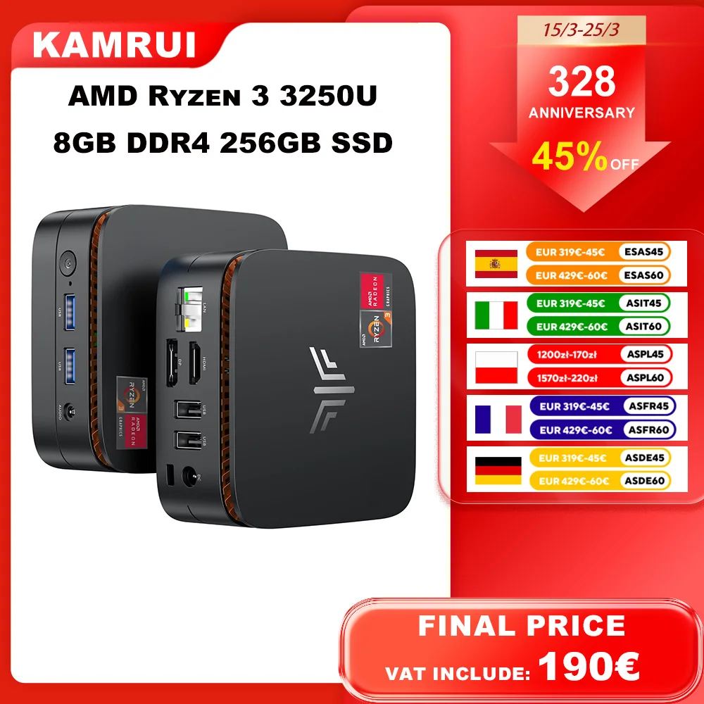 KAMRUI Mini-PC AMD R3 3250U 8GB DDR4 256GB SSD Desktop-Computer Dual 4K Display Micro-PC WiFi5 Windows11 Pro für Heim und Büro