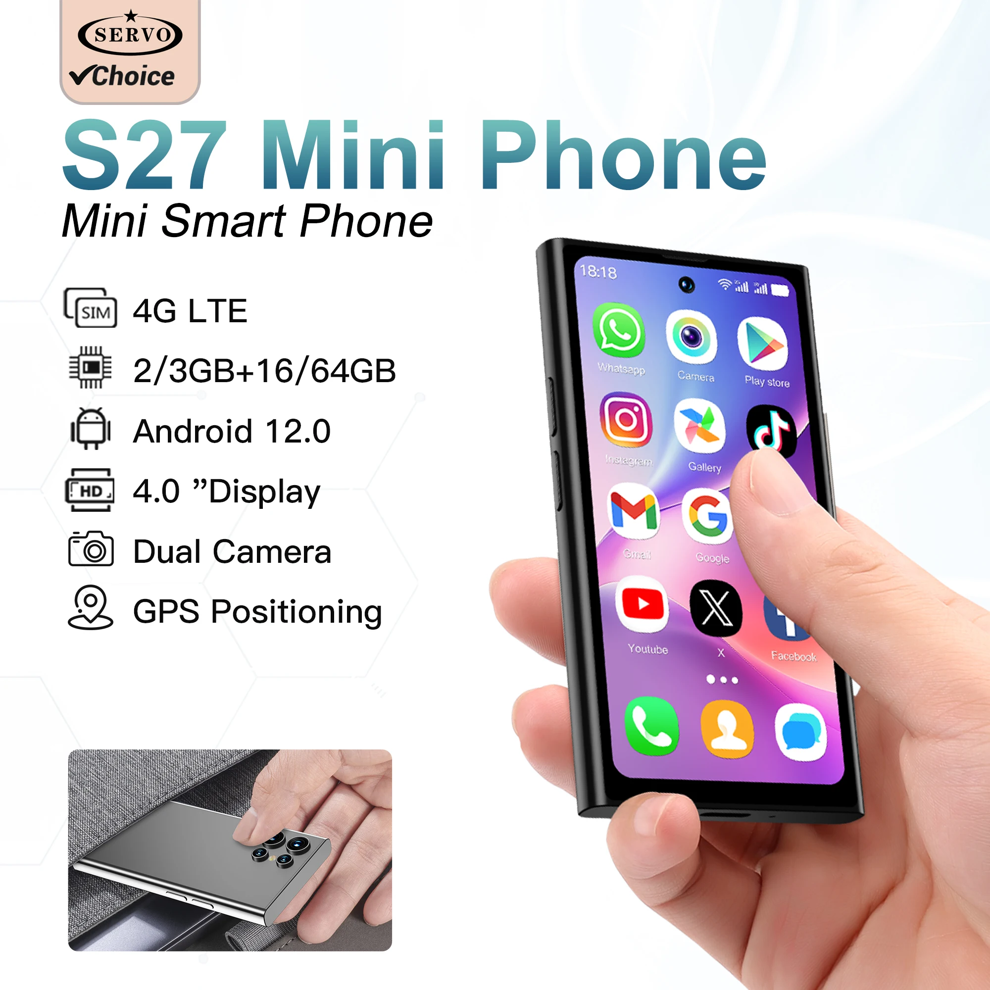 SERVO S27 MINI Android OS Mini-Smartphone 4G LTE 16GB/64GB ROM Play Store WLAN Gesichtserkennung 2 SIM 4,0" Kompaktes Kleines Smartphone Image
