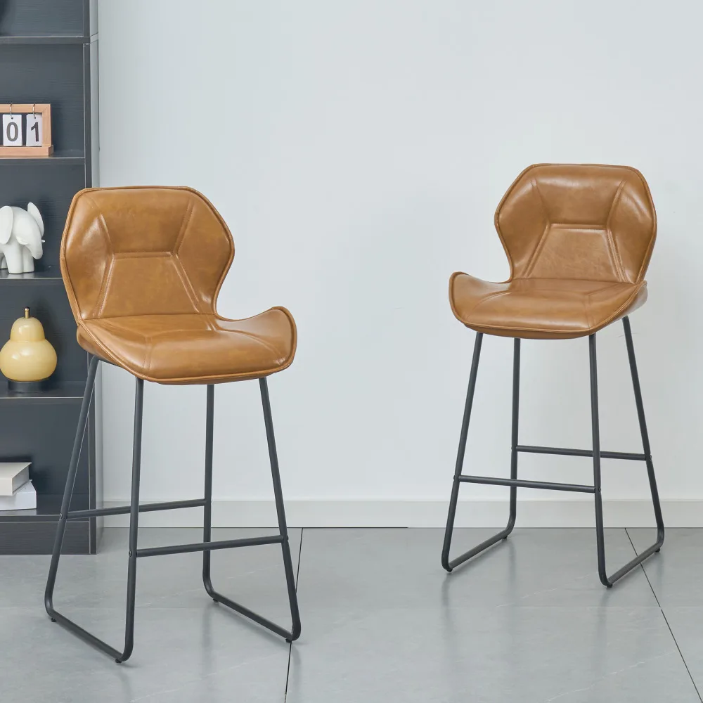 2er-Pack Cognacbraune PU-Leder Barhocker mit Rückenlehne, Metallgestell und Fußstütze, Moderne Küchen- und Esszimmerbarhocker Image