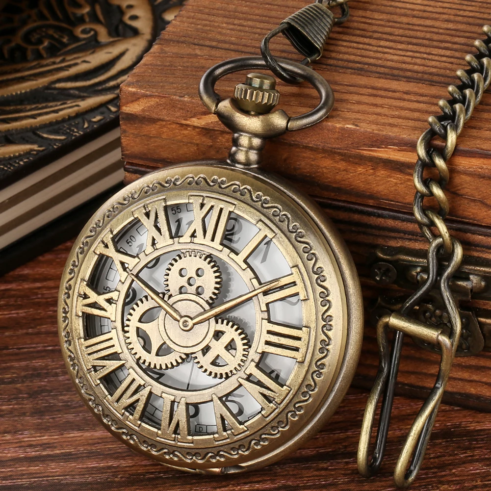 Bronze hohle Ausrüstung römische Ziffern halber Jäger Quarz Taschenuhr Vintage Geschenk Männer Frauen Anhänger Kette Anhänger Taschenuhr männlich Image